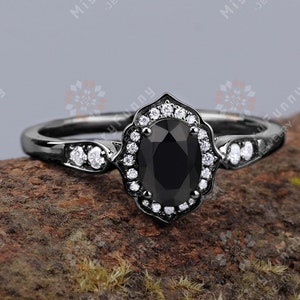 18K Black Gold luxury oval cut Natural Black Onyx ring wedding band ring women moissanite handmade bridal anniversary gifts