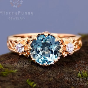 Blumen Design Ring natürlicher Aquamarin Goldringe für Frauen Moissanit Edelstein Verlobungsring Goldringe für Frauen