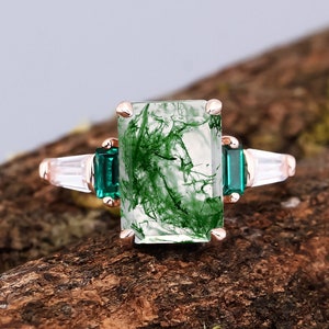 Vintage emerald cut natural moss agate 925 sterling silver ring engagement rings for women handmade luxury ring gifts for her