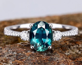 S925 Oval Cut Lab Created Teal Blue Sapphire Ring For Women Birthstone Ring Engagement Ring Handmade For Her Promise Ring Statement Ring
