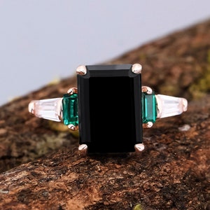 Vintage emerald cut natural black onyx 925 sterling silver ring engagement rings for women handmade luxury ring gifts for her