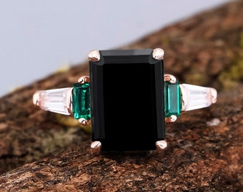 Vintage emerald cut natural black onyx 925 sterling silver ring engagement rings for women handmade luxury ring gifts for her