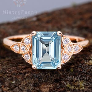 Emerald cut Natural Aquamarine Solid Gold engagement ring anniversary ring gift moissanite promise ring bridal light blue gem ring for women