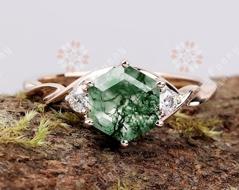 Handmade Moss Agate Hexagon Ring: 925 Sterling Silver, Moissanite Accents