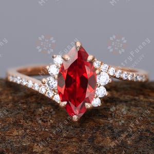 18K Rose Gold Marquise cut Red Ruby ring Cluster ring for women Engagement ring wedding band Handmade Anniversary Gifts For Her
