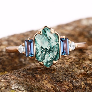 Longue bague en agate mousse naturelle de coupe hexagonale pour la mariée, en argent sterling 925, faite main, cadeaux pour elle, bague en alexandrite, bague de fiançailles