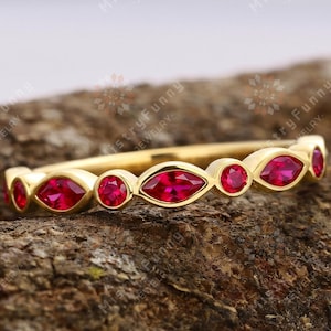 Anillo de boda de oro macizo de 14 quilates con rubíes talla marquesa, engaste alterno, media eternidad, anillo apilable de estilo Art Déco vintage, regalo de aniversario para ella.