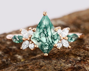 Anillo de compromiso de ágata de musgo natural con corte de cometa de lujo, anillos de boda de plata de ley 925 para mujer, anillo de aniversario de promesa nupcial de moissanita