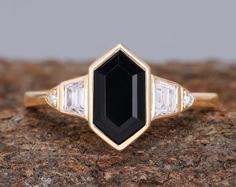 Natural Black Onyx Hexagon Cut 925 Sterling Silver Ring For Women Handmade Gemstone Ring Elegant Three Stone Ring Anniversary Gifts For Her