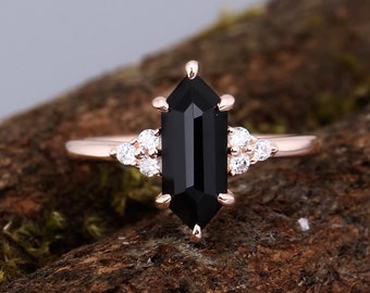 Long hexagon cut natural black onyx silver ring for women promise ring engagement ring wedding anniversary ring gift for women