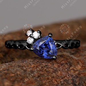 Art Deco Sapphire Ring 18K Black Gold Ring Engagement Promise Ring Triangle Trilliant Cut Ring September Birthstone Gift For Wife