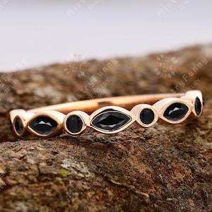 Marquise cut Natural Black Onyx band 18K yellow Gold Wedding Band Anniversary gifts for women Handmade half eternity band Anniversary