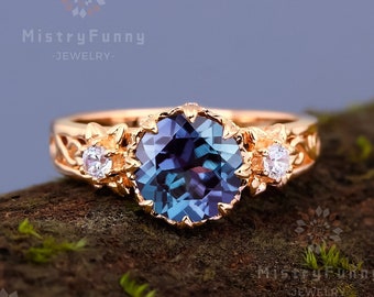 Unique Flower Design Ring Alexandrite engagement ring gold rings for women moissanite anniversary ring gift for her art deco promise ring