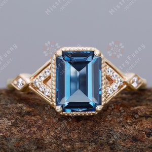 Luxury Emerald Cut Natural London Blue Topaz 925 Sterling Silver Ring For Women Engagement Ring Birthstone Ring Anniversary Gifts For Her