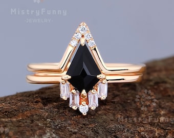 Unique kite cut natural black onyx engagement ring set 925 sterling silver wedding set ring women CZ diamond bridal promise anniversary ring