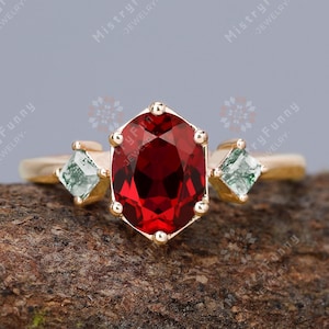 Three Stone Ring Oval Cut Lab Created Ruby Ring For Her 925 Sterling Silver Ring Nature Inspired Engagement Ring Moss Agate Ring