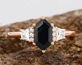 S925 Long Hexagon Cut Natural Black Onyx Ring For Women Birthstone Ring Engagement Ring Gemstone Promise Ring Statement Ring