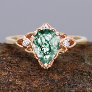 Luxury Engagement Ring Pear Cut Natural Moss Agate Ring For Women Handmade Ring Birthstone Ring Anniversary Gifts For Her Ring Gemstone