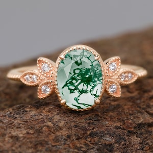Natural Moss Agate Ring Oval Cut Green Gemstone Ring For Women 925 Sterling Silver Ring Promise Anniversary Gifts Engagement Ring For Her