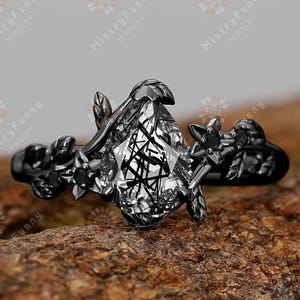 18K Black Gold birnenförmige Natürliche schwarze Rutilquarz Verlobungsring handgefertigter eleganter Blattring Natur inspirierte Zweigband