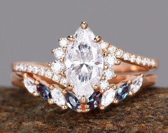 5*10mm Marquise Cut Moissanite Ring Set For Women Engagement Ring Wedding Band Promise Ring Set 925 Sterling Silver Ring Set Bridal Set