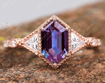 K Solid Gold Lab Created Alexandrite Ring Long Hexagon Cut Engagement Ring For Women Unique Colour Change Gemstone Ring Birthstone Ring