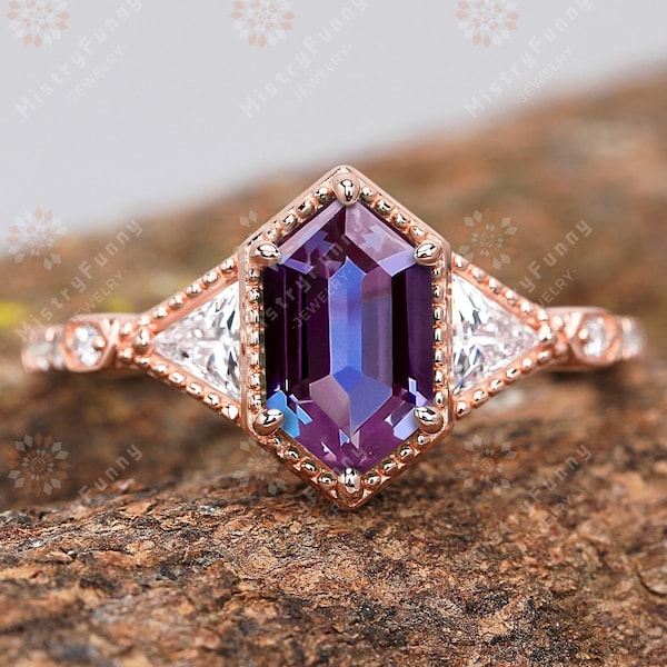 K Solid Gold Lab Created Alexandrite Ring Long Hexagon Cut Engagement Ring For Women Unique Colour Change Gemstone Ring Birthstone Ring