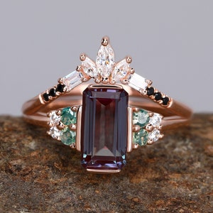 Ensemble de bagues en alexandrite Ensemble de bagues en argent sterling 925 Taille émeraude 5 * 9 mm Bague de fiançailles Alliance de mariage Promesse Ensemble de mariée de luxe Cadeaux d&#39;anniversaire