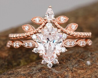 925 Sterling Silver Ring Set Bridal Set Pear Cut Moissanite Ring Set For Women Engagement Ring Wedding Band Promise Ring Set