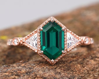 K Solid Gold Emerald Ring Long Hexagon Cut Emearld Engagement Ring For Women Unique Design Gemstone Ring Birthstone Ring