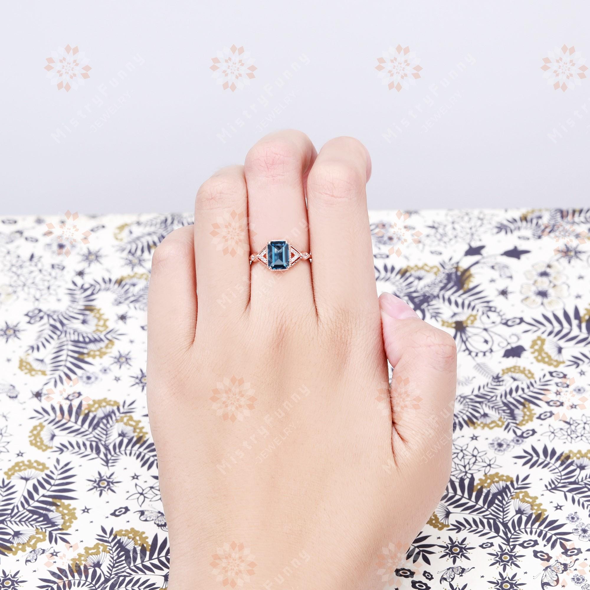 Luxury Emerald Cut Natural London Blue Topaz 925 Sterling Silver Ring ...