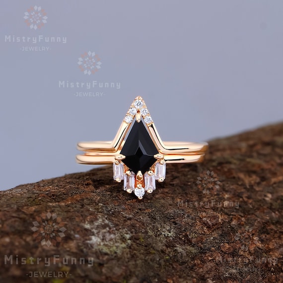 Unique kite cut natural black onyx engagement ring set 925 sterling silver wedding set ring women CZ diamond bridal promise anniversary ring
