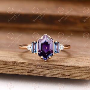 Long Hexagon Cut Lab Created Alexandrite Ring Bridal 925 Sterling Silver Handmade Ring Gifts For Her Alexandrite Ring Engagement Ring image 2