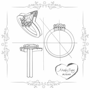 May include: Line drawing of a ring with a large, triangular diamond and smaller diamonds on the band. The ring is shown from three different angles. The drawing is labeled "Misty Femy MFR.0003".