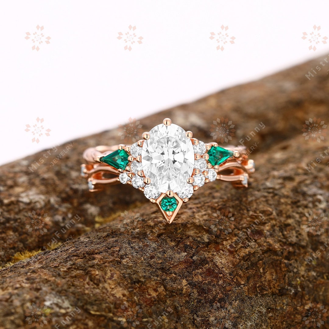 Bridal Set 18K Solid Gold Oval Cut D Colour Moissanite Ring Set for ...