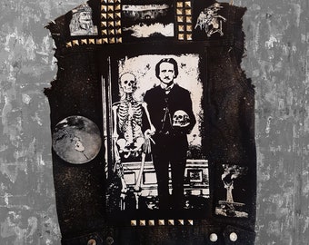 Edgar Allan Poe Skelett-Patch mit Siebdruck, Horror, Punk, Black Metal, Goth, Mystery Suspense Thriller