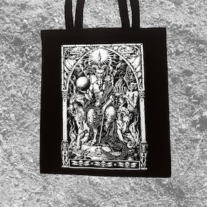 Satan sitting upon throne screen printed tote bag Horror Punk Black metal Goth Occult