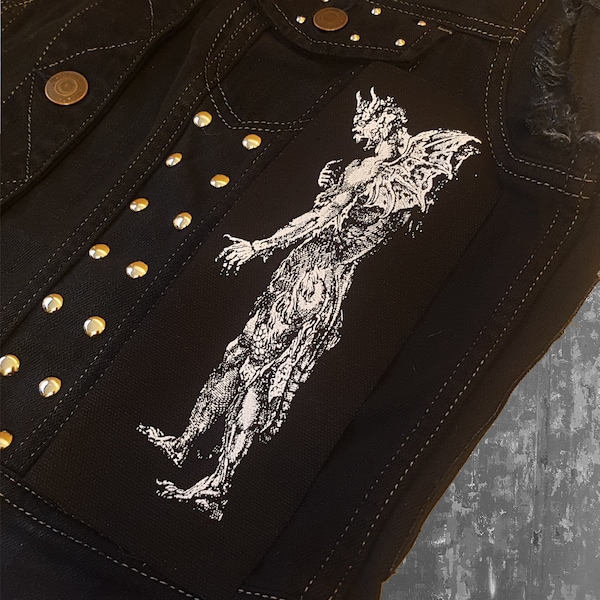 Toppa serigrafata Tentazione di un santo da parte del diavolo Horror Punk Black metal Goth Occulto Folklore