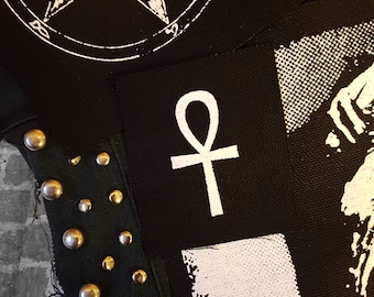 Ankh screen printed patch Egyptian hieroglyph Horror Punk Black metal Goth Occult Folk lore