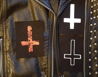 Inverted cross screen printed patch Horror Punk Black metal Goth Occult Folk lore Devil Satan