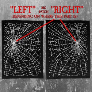 K&ouml;nnte beinhalten: Zwei schwarz-wei&szlig;e Bilder eines Spinnennetzes. Das linke Bild hat eine rote Linie, die auf die Mitte des Netzes zeigt. Das rechte Bild hat eine rote Linie, die auf die Mitte des Netzes zeigt. Der Text &uuml;ber den Bildern lautet "LEFT" "BIG PATCH" "RIGHT" (DEPENDING ON WHERE THIS PART IS).