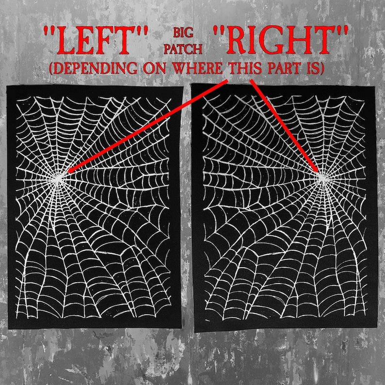 K&ouml;nnte beinhalten: Zwei schwarz-wei&szlig;e Bilder eines Spinnennetzes. Das linke Bild hat eine rote Linie, die auf die Mitte des Netzes zeigt. Das rechte Bild hat eine rote Linie, die auf die Mitte des Netzes zeigt. Der Text &uuml;ber den Bildern lautet "LEFT" "BIG PATCH" "RIGHT" (DEPENDING ON WHERE THIS PART IS).