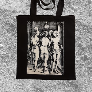 The four witches screen printed tote bag Dürer Horror Goth Black metal Post Punk Folk lore