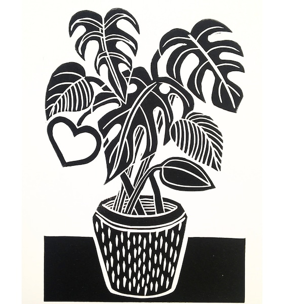 Lino print Monstera house plant, A4 lino print houseplant, lino print art, house plant lino print, Valentines day original art plant lover