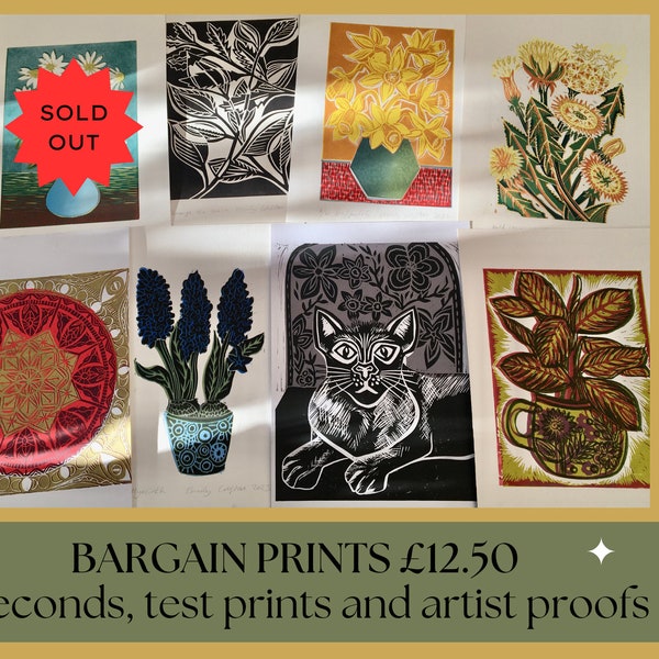 Lino print A4 size seconds tests and proofs sale, bargain lino prints, linoprint gifts, linocut bargains, artist proofs, seconds sale