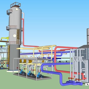 May include: A 3D rendering of an industrial facility with a tall, cylindrical structure and a network of colorful pipes. The pipes are red, yellow, and blue, and connect to various tanks and equipment. The scene is set against a blue sky.