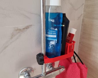 3D-geprinte doucheshampoohouder wordt op de douchestang geschroefd Badkameropbergerrek