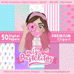 Może przedstawiać: Zestaw papierów cyfrowych z kreskówkową dziewczyną z różowymi włosami trzymającą pączka. Obraz zawiera pastelowe wzory, w tym kropki, paski i posypki. Tekst zawiera "50 Digital Papers" i "Premium Clipart".