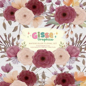 Ensemble floral aquarelle | 19 fichiers différents | Haute qualité | 300 PPP | Fleurs de vin de Bourgogne