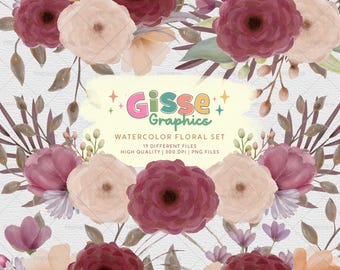Watercolor Floral Set | 19 Different Files | High Quality | 300 DPI | Burgundy wine flowers